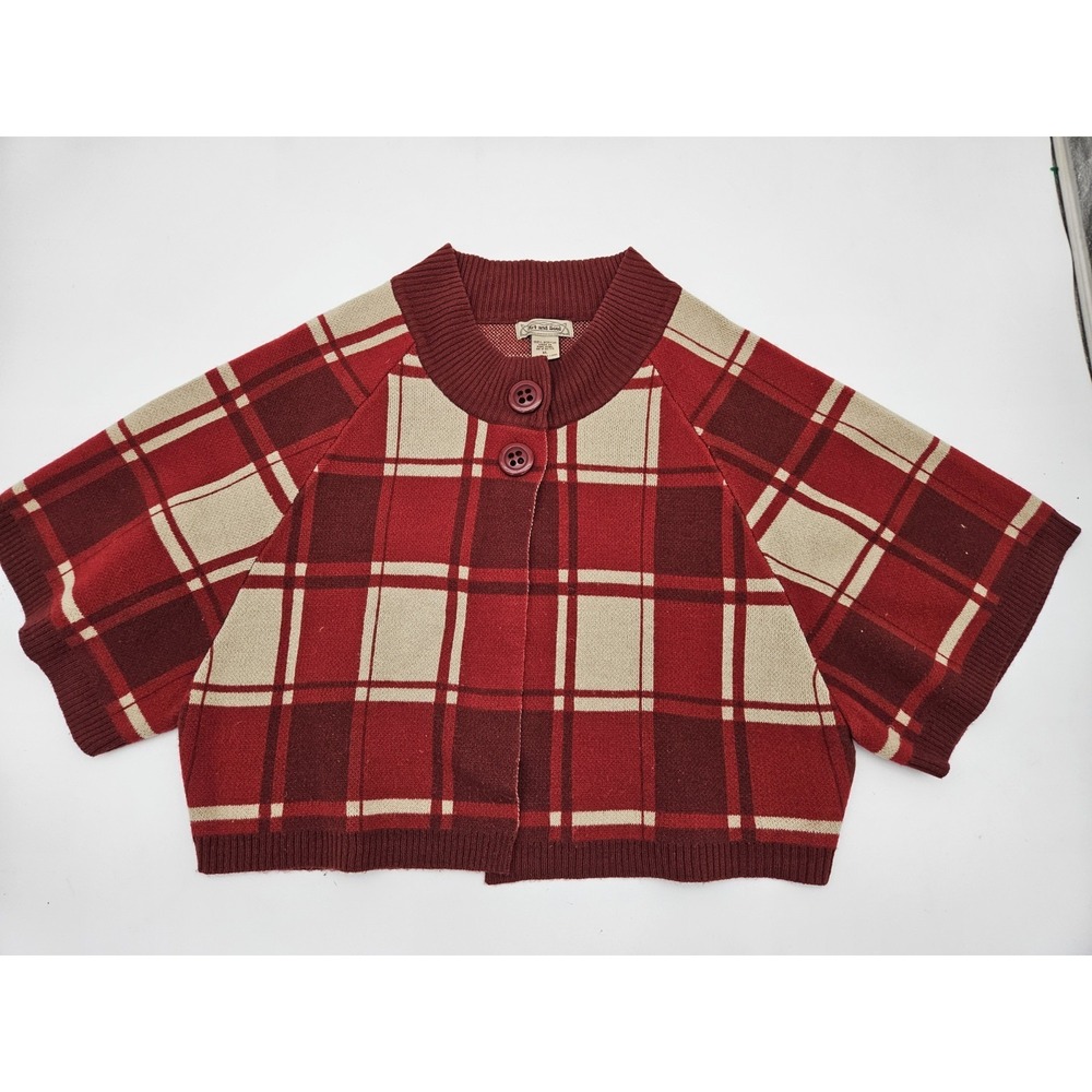 Vintage ART & SOUL Sweater XL Cardigan Capelet Red Tan Plaid Retro Rockabilly